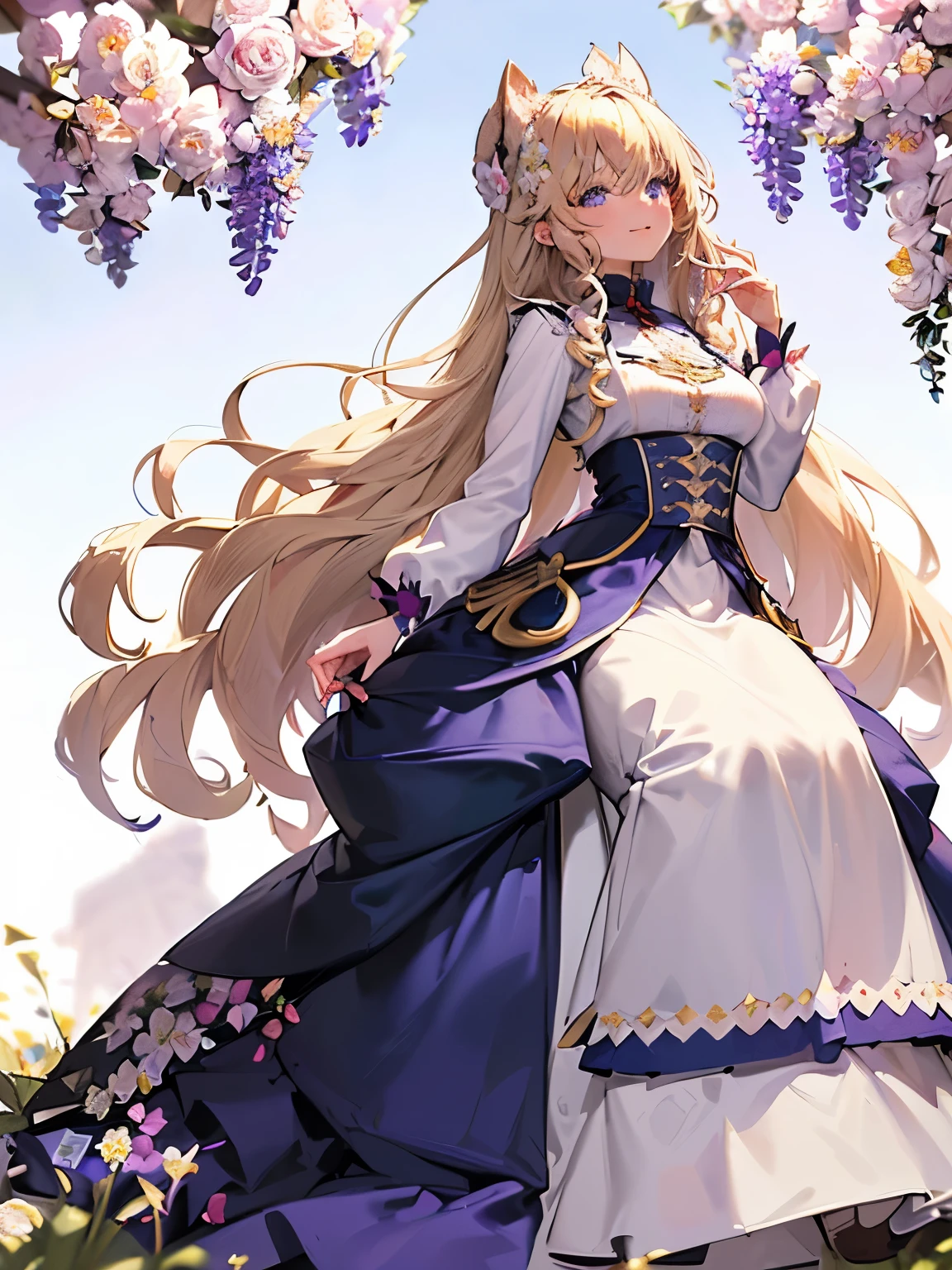 ((blonde:1.2)),(long hair with curls:1.3),(blue eyes:1.4),(Eye size:1.5),(tradition of Alsatian accessories:1.3),((Alsatian costume fashion:1.4)),(Background full of blooming flowers:1.5),(blush),(upward glance:1.3),(small breasts:1.4),(focus on face:1.3),((look up:1.25)),(fashion color White、darkBlue、purple、red:1.3),(smile:1.2),(whole body:1.6)