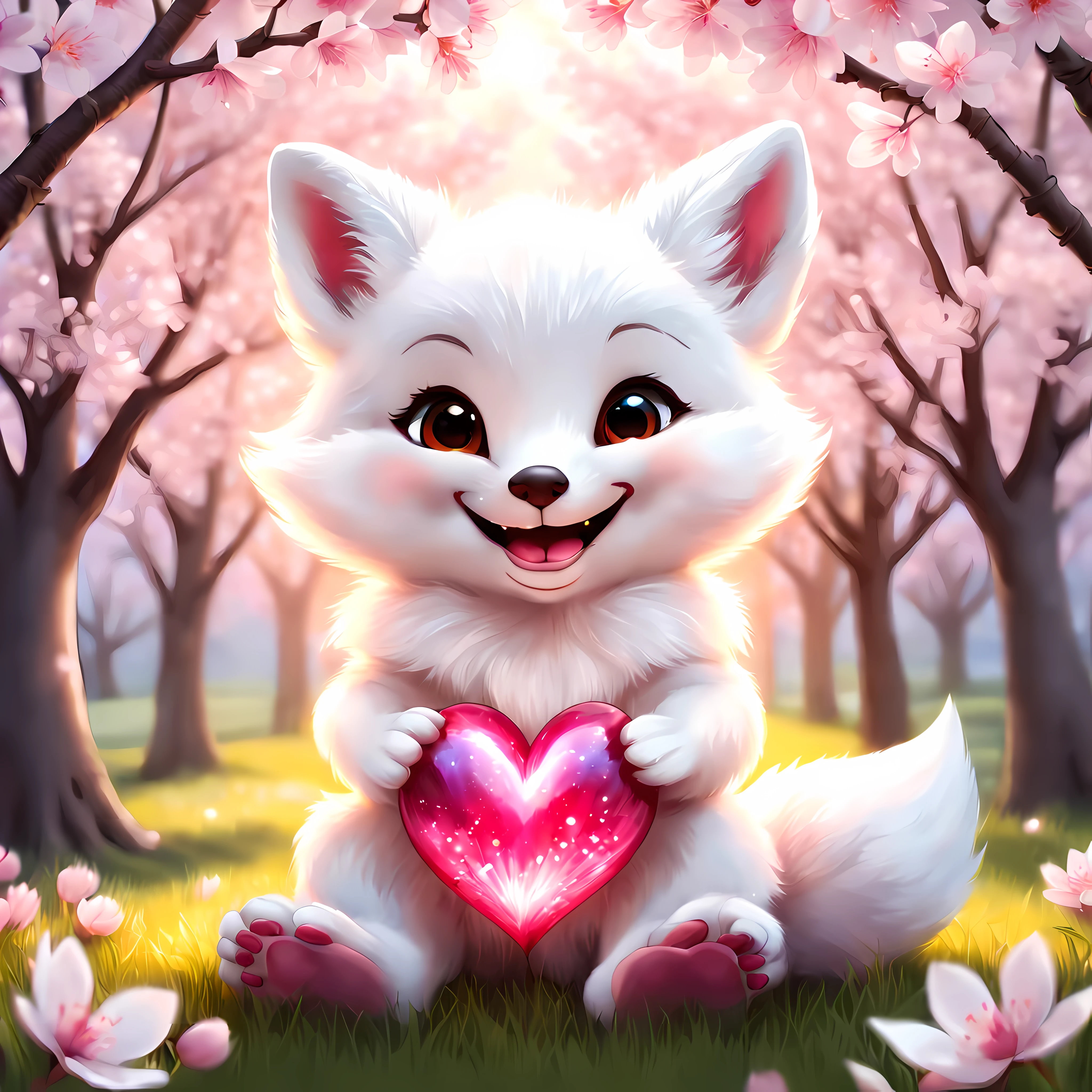 (Cute cartoon style), ((symmetrical close up front view of an adorable)) white fox cub gracefully sitting on a soft grass and gently holding a vibrant giant glowing heart between its paws, (((smiling at the viewer))), vivid eyes, ((enchanting day amidst cherry blossoms, shimmer)). | ((More_Detail))