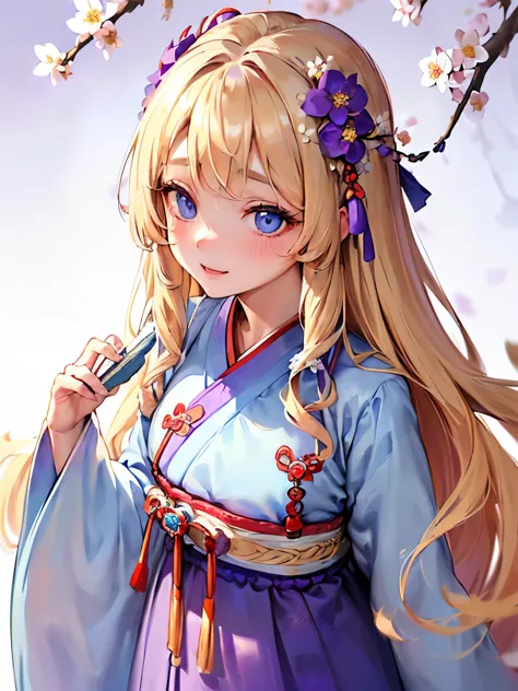 ((blonde:1.2)),(long hair with curls:1.3),(blue eyes:1.4),(Eye size:1.5),(tradition of Hanbok accessories:1.3),((Traditional cos...