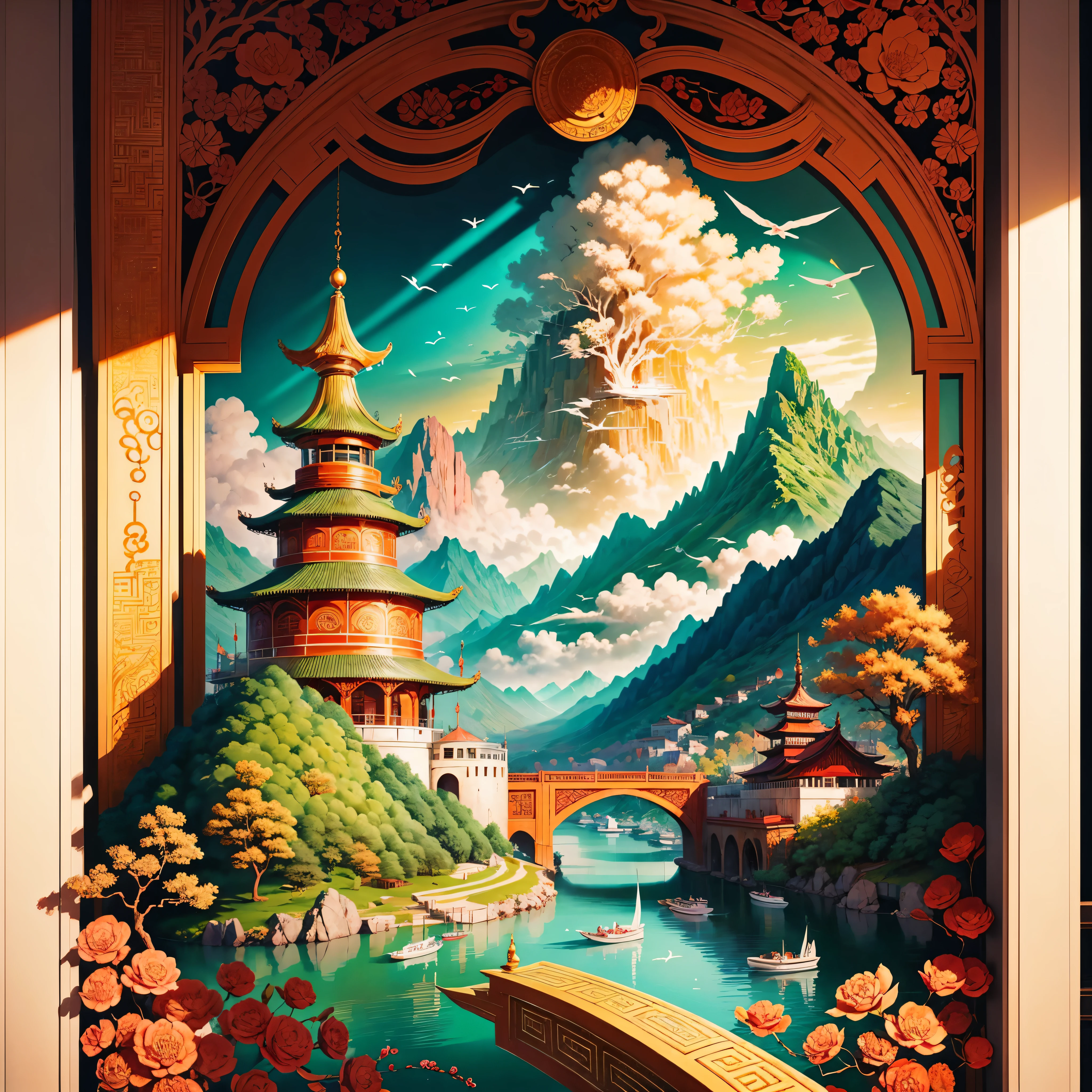 ancient chinese painting, ancient chinese background, mountains, river, auspicious clouds, pavilions, sunlight, masterpiece, super detail, epic composition, ultra hd, high quality, extremely detailed, official art, unified wallpaper, super detail, varies multi etc. --v 6 --s 1000 --c 20 --q 20 --chaos 100