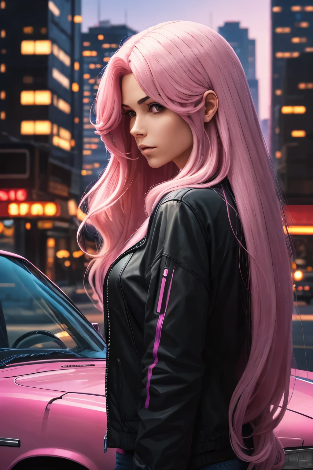 a woman with long pink hair on one side of Reverse wave. City, 1969 Nissan S30, wide-body kit, road, purple neon, sun, close-up
(masterpiece, detailed, high resolution), 1hermosa mujer rubia junko estilo neon city,