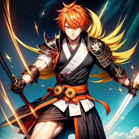 ichigo-kuroski character ((male)) , orange hair ichigo bleach style , one (( samurai)) bankai sword, black eyes , (( cute )) , o...