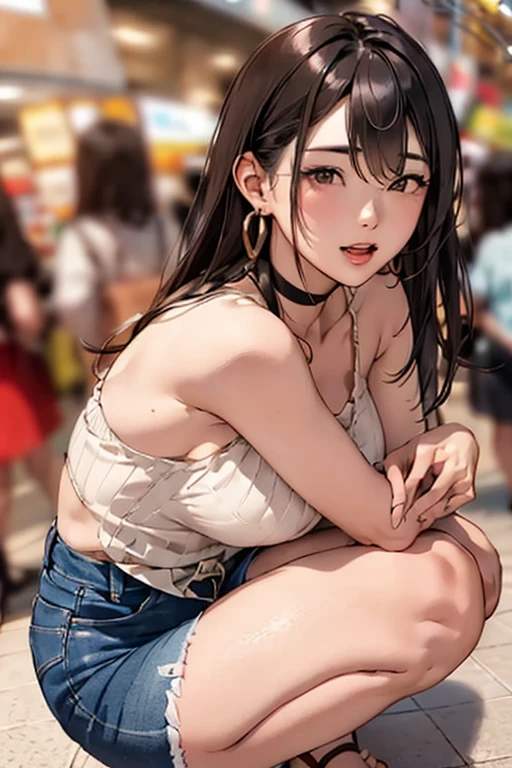 masterpiece, best quality,1girl,young girl,brown eyes,long hair,shiny skin,(nice leg line:1.3),thick thighs,thin waist,huge breasts
BREAK
, Black_bodysuit, high-waisted_shorts, platform_sandals, chain_choker_necklace, hoop_earrings,
BREAK
, Department_store,,crowd,depth of field,looking at viewer,squatting,from side,upper body,legsupsexms