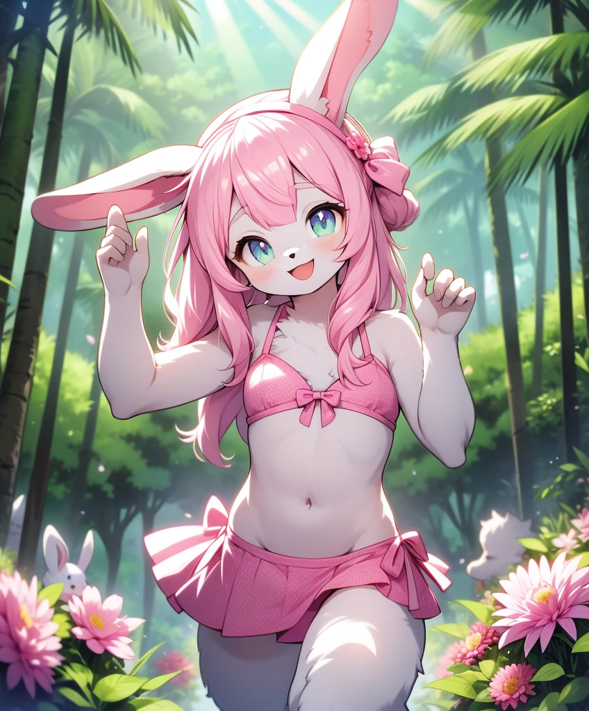 Furry Girl,Rabbit ears,pink bikini,in the forest, Sea of flowers, cowboy shooting,Smile, hair accessories, looking at the audience, One hand up, head tilt