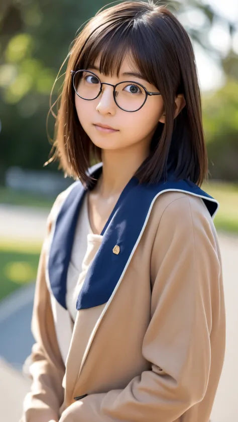 Japanese high school girl, naked, low chest, slender, short bob, clothes off, slightly tanned, glasses, mature-looking 