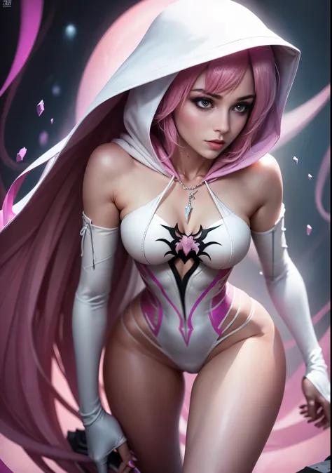 a close up of a woman with pink hair wearing a white hoodie, spider gwen, spider - gwen, spider-gwen, wearing white silk hood, maya ali as a cyber sorceress, in spandex suit, amouranth as a super villain, ( ( spiderwoman ) ), clothed in hooded, shiny white...