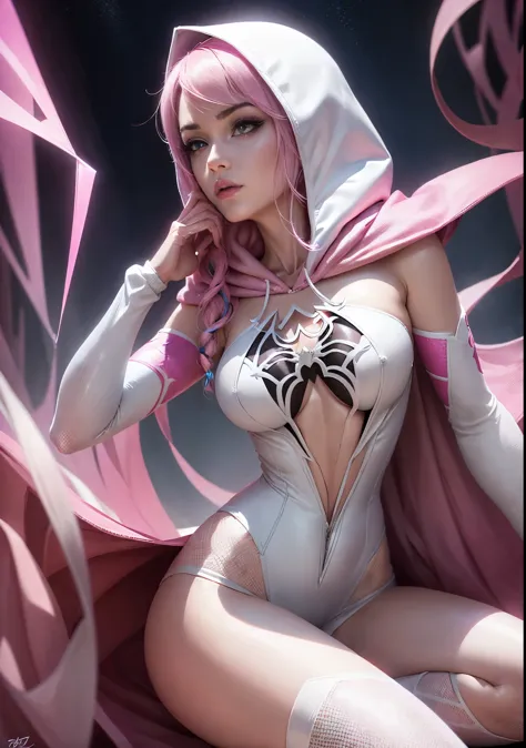 a close up of a woman with pink hair wearing a white hoodie, spider gwen, spider - gwen, spider-gwen, wearing white silk hood, maya ali as a cyber sorceress, in spandex suit, amouranth as a super villain, ( ( spiderwoman ) ), clothed in hooded, shiny white...