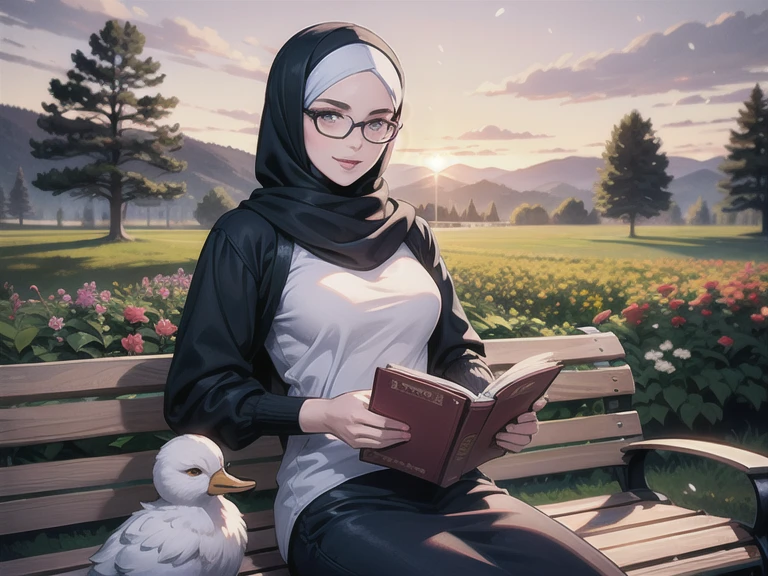 ultra realistic,16k, enhanced quality, perfect face, perfect hands, perfect body, ultra detailed,1girl, 20 yo, perfect hair, girl wearing glasses, perfect glasses, perfect smile, ultra realistic, ultra realistic background, ultra realistic sunset, ultra realistic clouds, sitting on a bench in a garden of flowers reading Qur'an, looking at Qur'an, ultra realistic glowing butterfly, girl wearing perfect hijab, blue hijab, white loose blouse, ultra realistic particles, perfect duck lips, Islamic hijab.