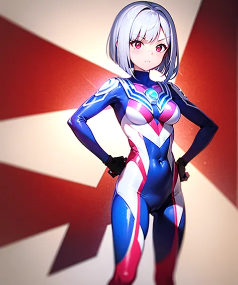 girl, tomato colored hair,short bob,red eyes, (Ultra Girl :1.0), ultraman bodysuit, Upper body, Put your hands on your hips ,fis...