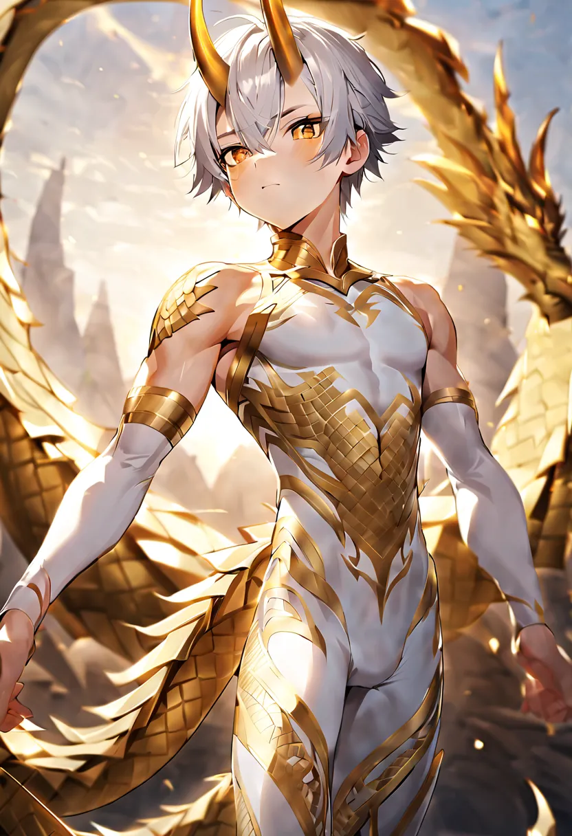 （1 boy），（（（solo））），（male juvenile）, handsome boy, snow-white hair, golden dragon horn, （（white bodysuit））,patterned tights，short...