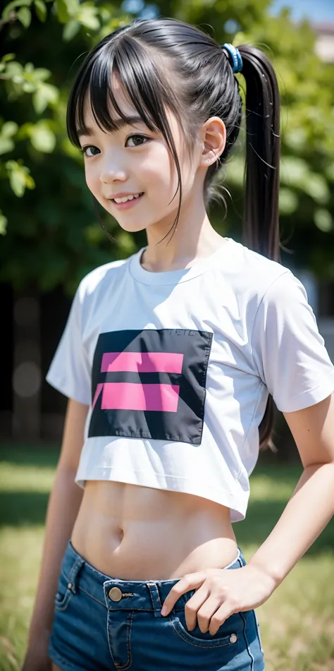 10 years old、grassland、Pigtails、Printed T-shirts for girls、hot pants、belly button、detailed details、smile、short height、baby face、Side view