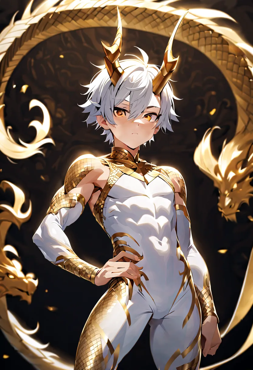 （1 boy），（（（solo））），（male juvenile）, handsome boy, snow-white hair, golden dragon horn, （（white bodysuit））,patterned tights，short...