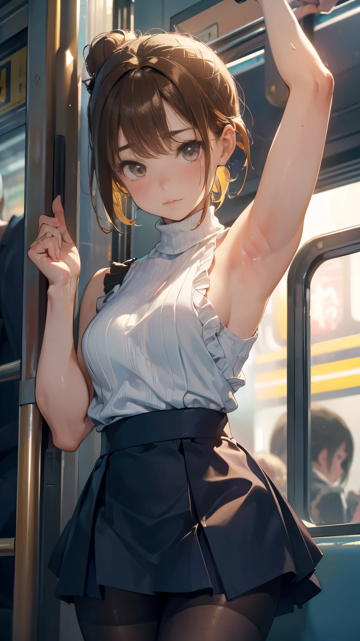 nsfw, best picture quality, 8K, high quality, masterpiece:1.2), ((masterpiece)), (high detail, high quality, best picture quality), bokeh, DOF, Portrait, open stance, (photo realistic:1.4), real skin texture, A sleeveless navy turtleneck knit, frilled tight skirt, short hair, pantyhose, (holding on to the train's suspension leathers:1.5) on a (crowded subway train), (her armpits fully visible:1.4), extremely cute, very round face, brown hair, plump body, shoot from below, looking aside, (blond yellow hair), bun style hair, crying, embarrassed, short height, small head and face, watched by crowd