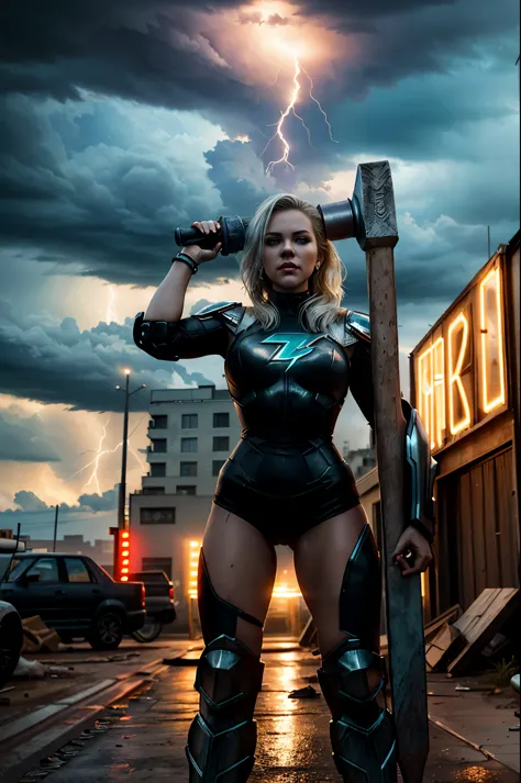 (Photorealistic:1.4) image of a cyber punk Alexis Texas (raising the huge hammer high like it was Thor's) (top-quality, 8K, 32K,...