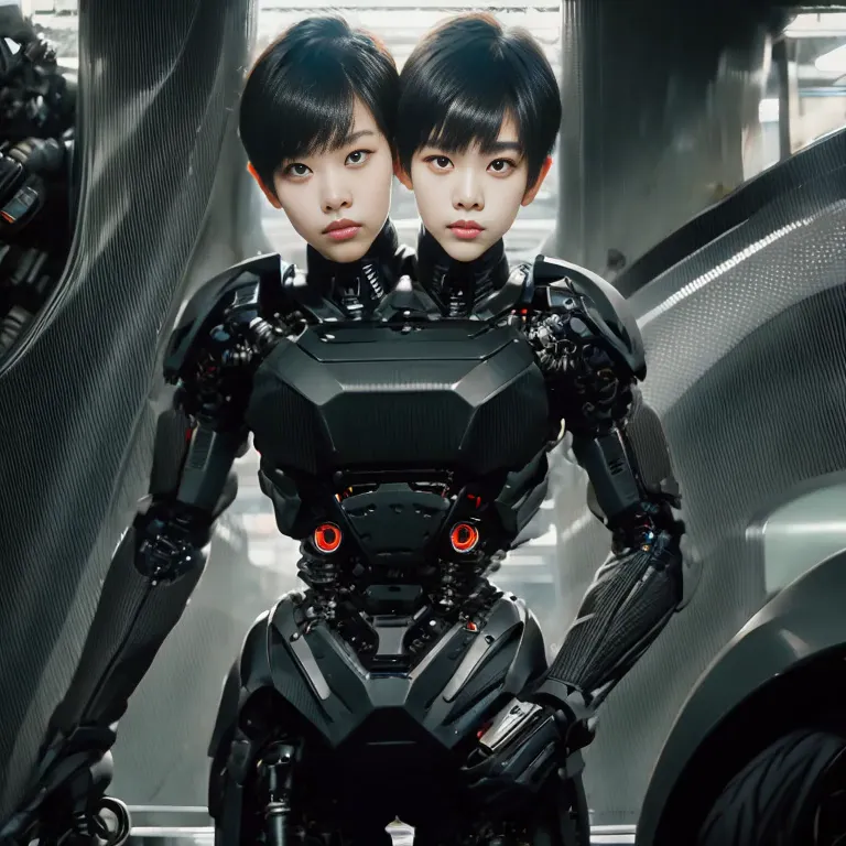 best resolution, 2heads, korean cyborg woman with two heads, pixie cut, ponytail, blonde hair, black hair, mechanical background