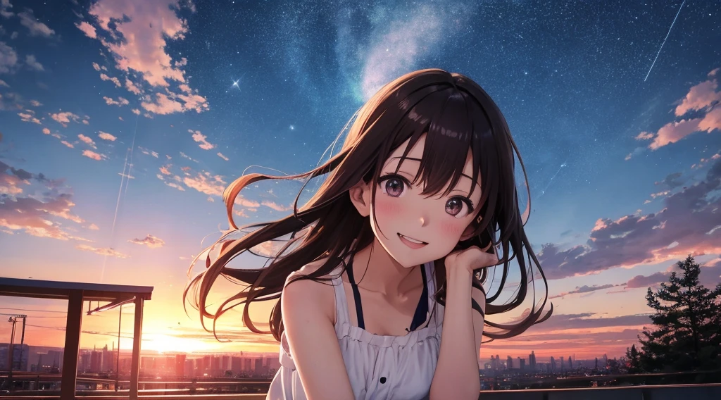 High resolution8K, NSFW, bright light lighting, anime style, film portrait photography, 1 girl, 1 boy、laugh together、makoto shinkai, Japanese anime style, pastel starlight, Tokyo City Lights, 1 girl, ridiculous solution, High resolution, sunset sky, Dramatic scenes, (masterpiece:1.4), super detailed, pink clouds, anime characters in a scene with a sky background, yourname movie style, Stills in TV anime, yourname,