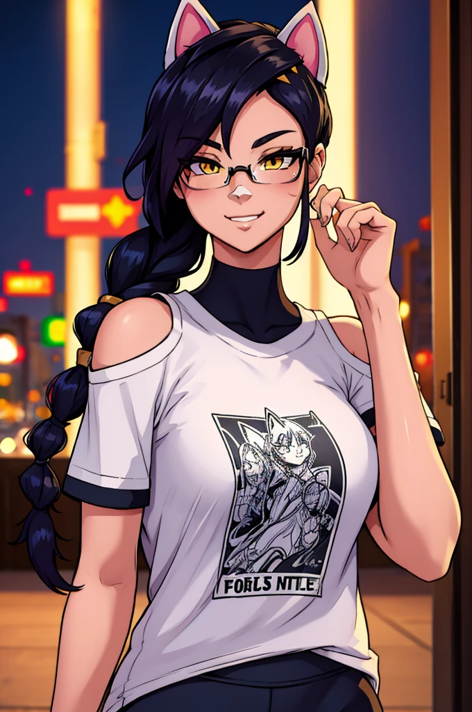 Erisa, 1girl, solo, long hair, looking at viewer, black hair, bandaid on face, yellow eyes, animal ears, smile, bandaid on nose, braid, cat ears, bandaid, bangs, breasts, fake animal ears, simple background, fang, bare shoulders, scar, teeth, shirt, tight shirt, bare shoulders, black shirt, short sleeves, closed mouth, t-shirt, hair over one eye, night city view, portrait, hair over shoulder, shorts, skin tight shirt, wet shirt, glasses, seductive, realistic, best quality, masterpiece, ultra detail, ultra high res, extreme detail, 8k