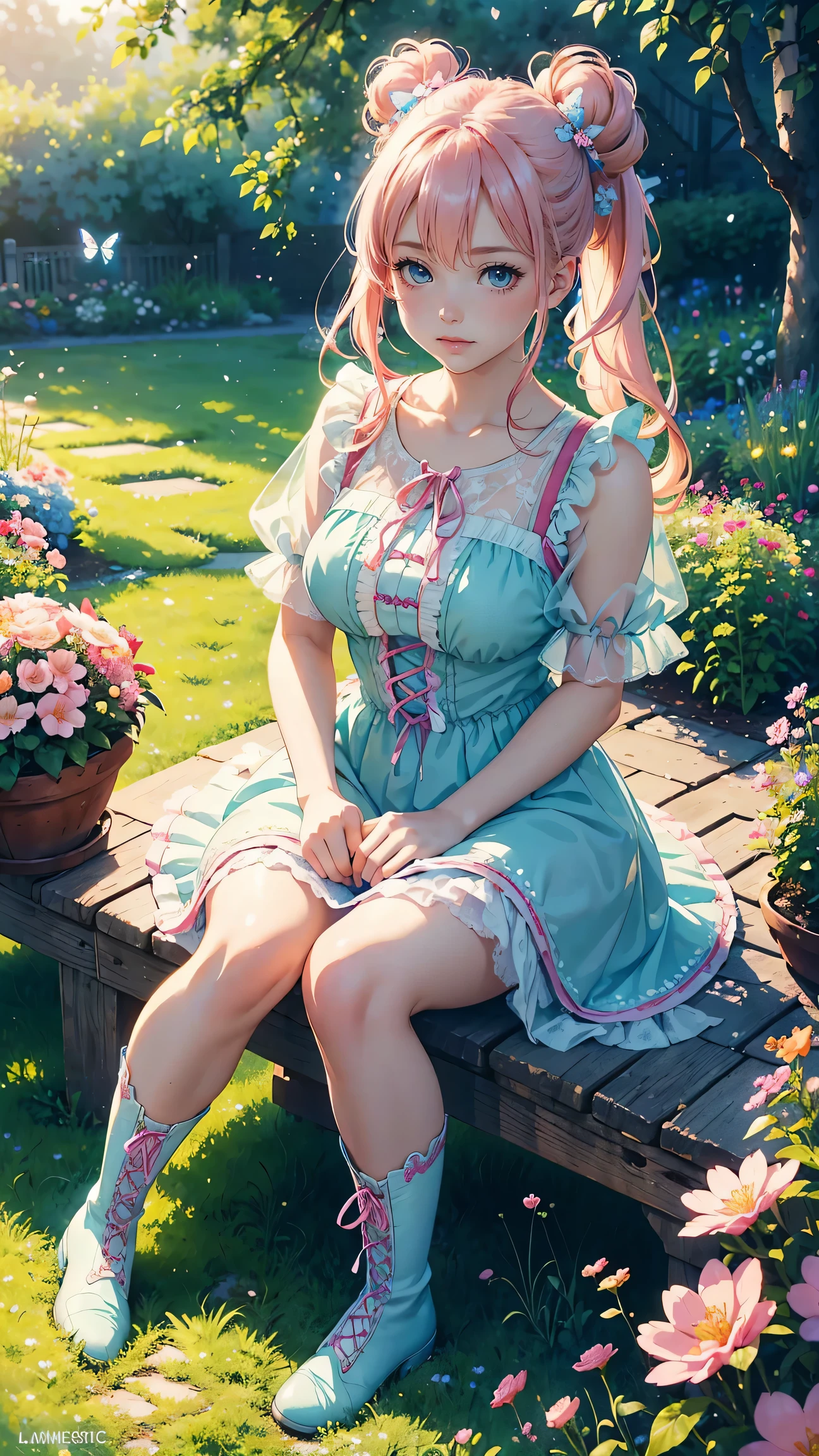 (best quality,4K,8k,high resolution,masterpiece:1.2),Super detailed,(actual,photoactual,photo-actual:1.37),cute anime girl,big bright eyes,red face,playful expression,Long pale hair,Two buns,Pink bow,cute clothes,frilly dress,Big puff sleeves,fancy ribbon,ponytail,Striped socks,Lace-up boots,in a blooming garden,with vibrant flowers,flying butterflies,soft green grass,Bright blue sky,Soft sunlight pours down through the trees,ethereal light,traditional watercolor style,warm pastel color palette,Soft brushstrokes,Hint of cherry blossom petals,Sophisticated and dreamy atmosphere,harmonious composition,Light and airy feel