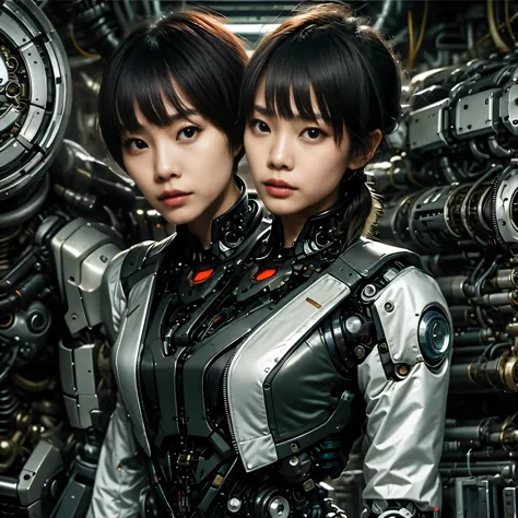 best resolution, 2heads, asian cyborg woman with two heads, pixie cut, ponytail, blonde hair, robot jacket, mechanical background