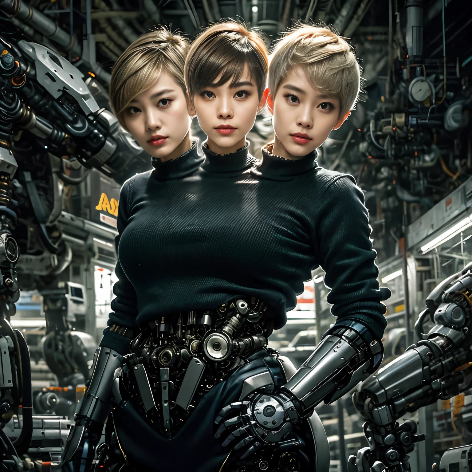 meilleure résolution, 2 têtes, femme cyborg asiatique à deux têtes, coupe de lutin, queue de cheval, cheveux blond, veste de robot, Contexte mécanique