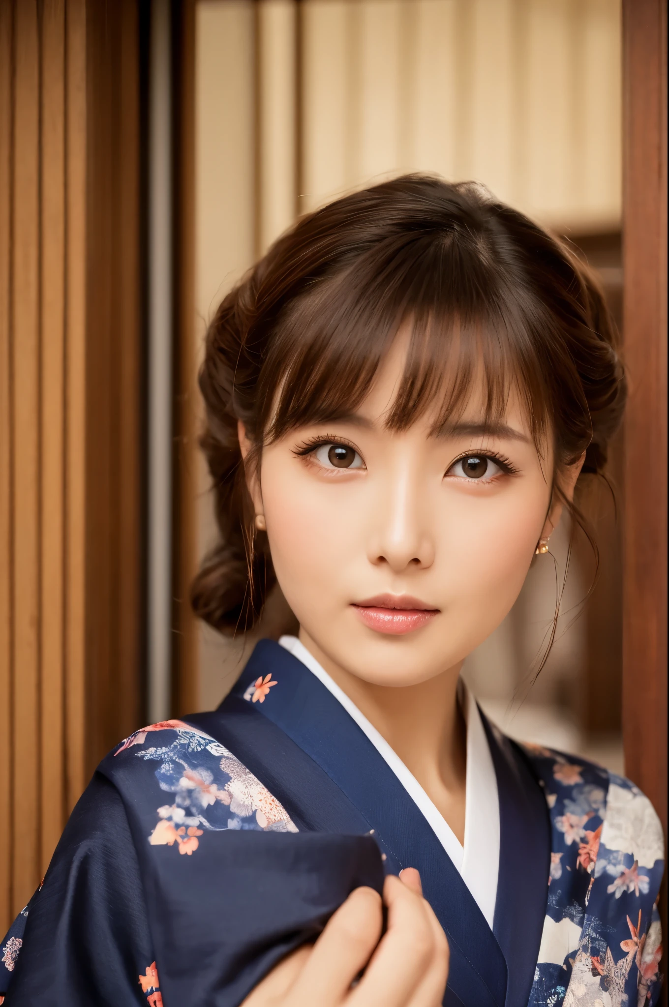 (a beauty lady, delicate lady:1.3), (30 years old), (Japanese traditional kimono, brown color:1.3), very fine eye definition, (symmetrical eyes:1.3), (Japanese traditional room), small breasts, brown eyes, parted bangs, brown hair, (eyes and faces with detailed:1.0), (masterpiece, best quality, ultra detailed, detailed face, 8k)