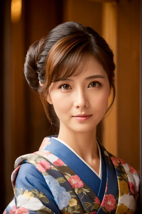 (a beauty lady, delicate lady:1.3), (50 years old), (japanese traditional kimono, brown color:1.3), very fine eye definition, (s...