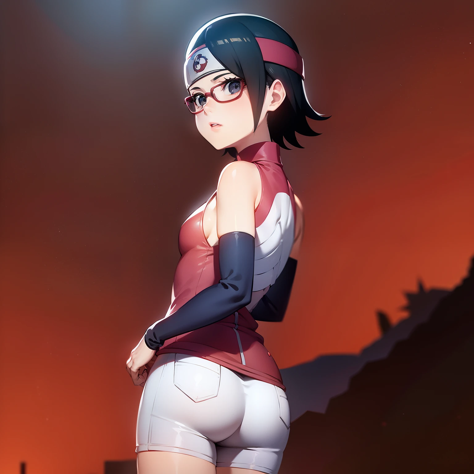 Sarada Uchiha, De pie, Atrás, pantalones cortos ajustados, culo pequeño, senos pequeños, pelo negro corto, ojos negros, protector de frente, vista inferior, Sarada Uchiha mirando al espectador. 