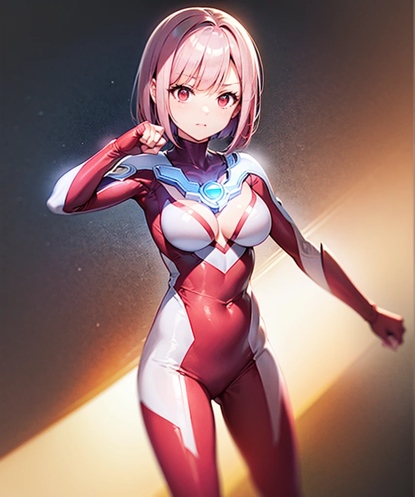 woman with red hair,short bob,red eyes, (Ultra Girl :1.0), silver and red ultraman bodysuit, Upper body, put your hand on your waist,fist,big breasts