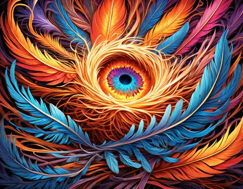 Captivating vividness and soft touch texture, bird&#39;s nest gives inspiration, Phoenix with intricate details, Phoenix nest drawn from dynamic illustrations, cinematic angle, An explosion of bright colors and swirly patterns, Reminiscent of a psychedelic...