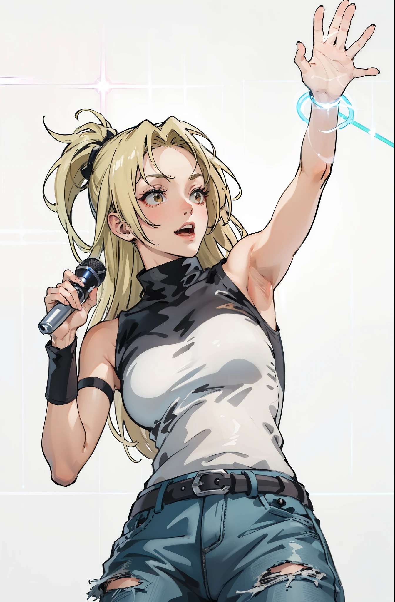 (masterpiece, best quality:1.2), Jujutsu kaisen style, YukiTsukumo, (1girl, solo), 30years old, upper body, (blonde long hair, forehead, hair intakes), (black shirt, sleeveless turtleneck, bare shoulder), holding microphone, (ripped jeans, belt), (singing passionately, shout), (smile:1.1), standing on the stage, dark background, (spot lighting, laser lighting:1.5)