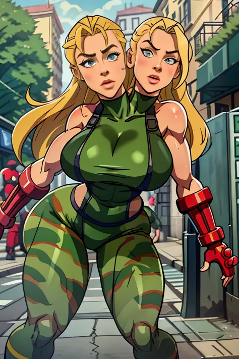 masterpiece, best quality, , blonde hair, outdoor, action shot,whole body, ((Cammy)) Cammy of street fighter. good hands, big breasts, sweaty skin, cammy white.((2heads)), conjoined dicephalus,very wet skin, doing a split, wearing cammo outfit