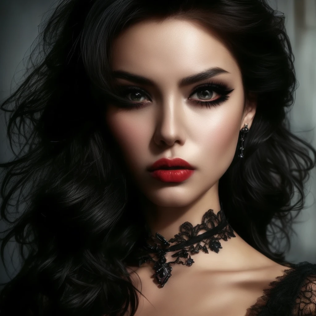 woman with black hair and red lipstick wearing a choke, dark hair and makeup, wearing intricate black choker, sexy face with full makeup, wonderful dark hair, portrait of beautiful vampire, dark makeup, dark make up on her face, wearing black choker, photo of a beautiful woman, gorgeous woman, beautiful female vampire, gorgeous beautiful woman