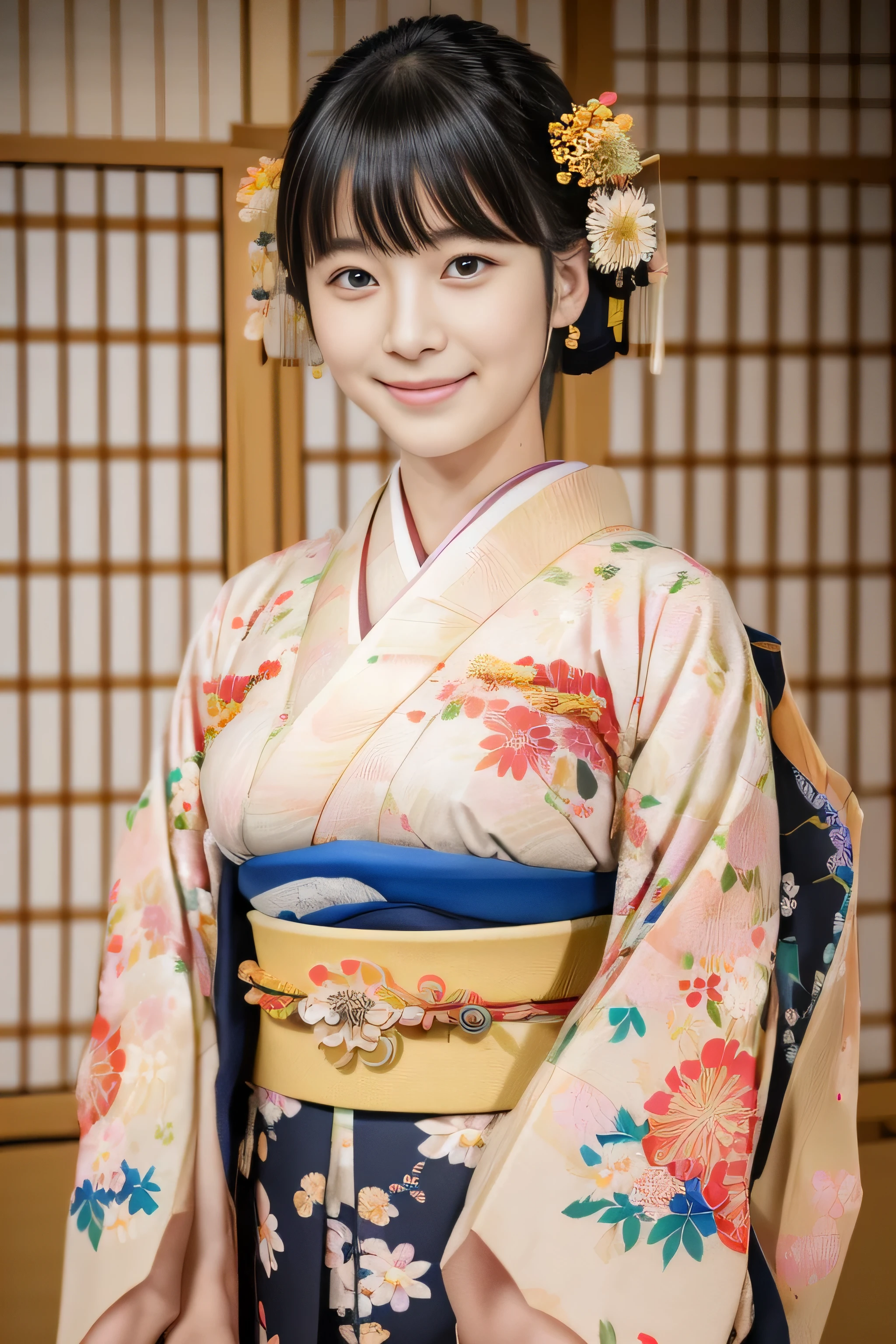 One beautiful Japan model, 15-year-old female model,  4K、super high quality、bangs、black haired、Kyo Yuzen、(kimono, Furisode、Japanese style floral pattern:1.5)、(Super cute face with idol style:1.4)、Slim and beautiful body、beautiful breasts、laughter、Full body Esbian:1.2、