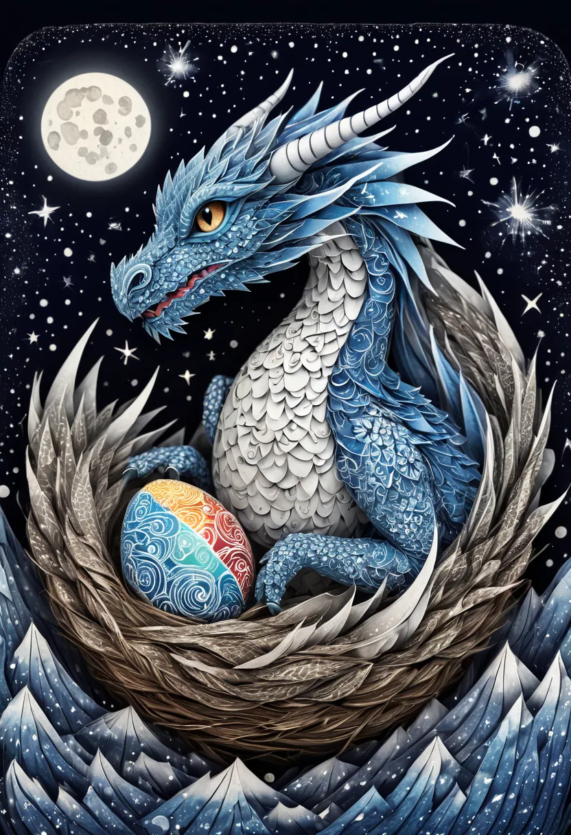 a mini baby dragon,zentangle,origami,cinematic,in a nest of Chinese dragons,an egg has just broken,its mother is proud, zentangl...