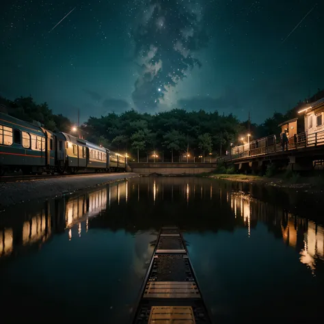 masterpiece, Anime train passing through a body of water on the tracks, Bright starry sky. Romantic Train, Makoto Shinkai photo,...