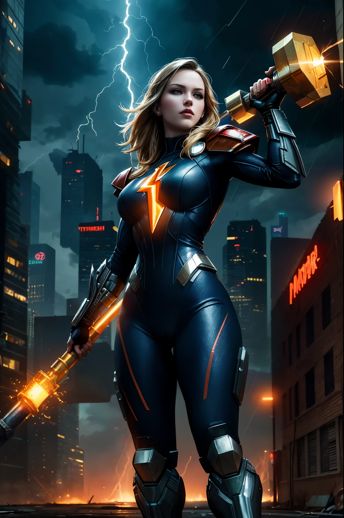 A woman in a black suit holding a hammer and lightning - SeaArt AI