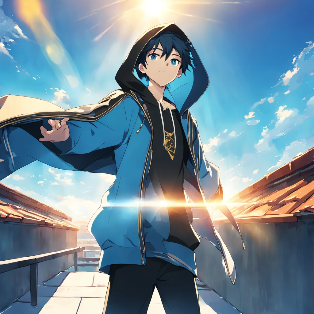 Rooftop in the sun，A boy wearing blue and black hooded clothes stands frontally，Reveal vitality and fashion sense。Animation style，With bright colors。