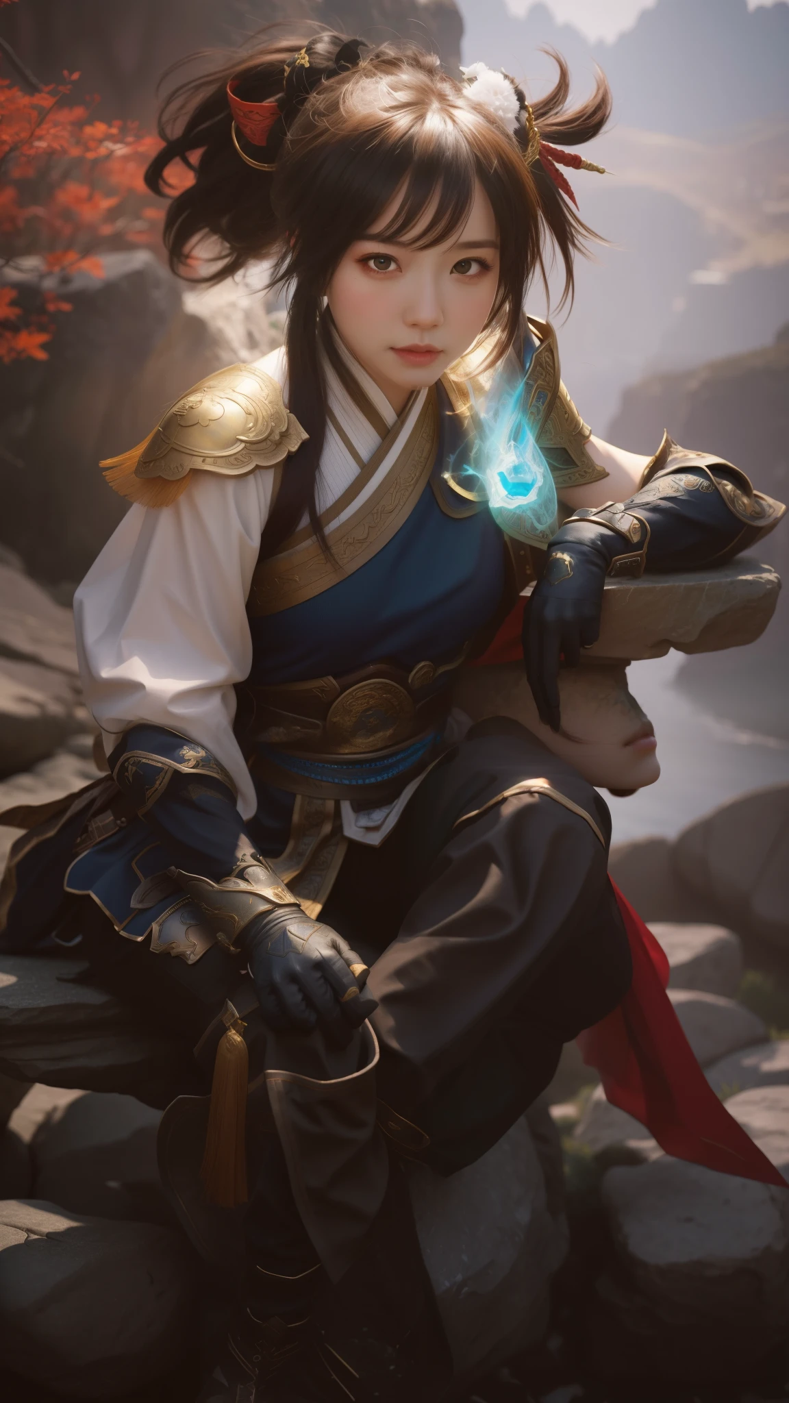 一個女孩坐在岩石上, 非常詳細的artgerm, 风格艺术杰姆, 作者：Yang J, 阿特杰姆和阮佳, 阿什, 手機桌布, 阮佳与artgerm, 劉阿傑姆, G Liulian art style, 奧莉安娜, 藝術傑姆風格, xianxia hero