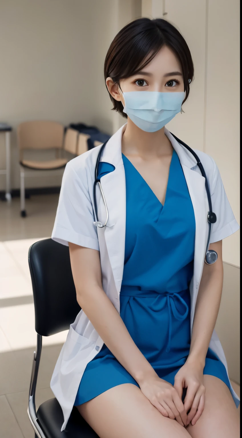 Arafed asian woman in a blue dress and a white lab coat - SeaArt AI