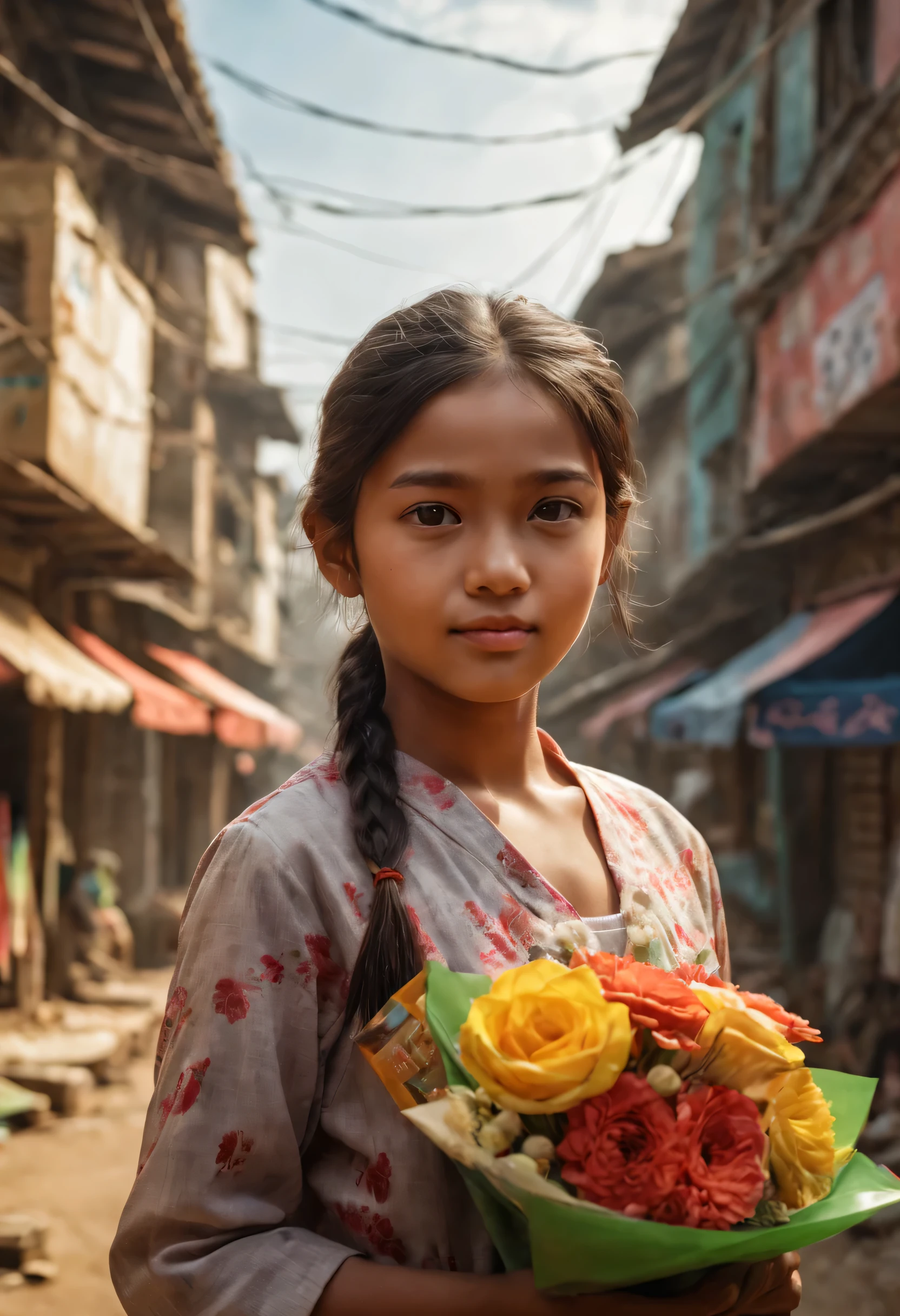 (best quality,4K resolution,ultra-realistic,highly detailed),Indonesian girl with poor but pretty face is receiving a big gift from a politician on Election Day morning. The girl's eyes sparkle with hope and gratitude, reflecting the gift's significance in her life. The politician, with a compassionate expression, hands her the gift, symbolizing the promise of a better future. The scene takes place on a bustling street, with the girl standing in front of a backdrop of vibrant, colorful buildings. The sunlight softly illuminates the scene, casting warm shadows on the street. The girl is wearing tattered but colorful clothes, representing her resilience and strength despite her difficult circumstances. The atmosphere is filled with a sense of anticipation and excitement, as the girl's dreams of a better life start to materialize. The art style captures the essence of a classic oil painting, with intricate brush strokes and rich textures that bring the scene to life. The overall color palette is warm and inviting, with vivid hues that complement the girl's vibrant personality and the lively atmosphere of the street. The lighting emphasizes the girl's face and the gift, creating a focal point that draws the viewer's attention. The level of detail is extraordinary, capturing every nuance of the girl's expression and the texture of her surroundings. The prompt aims to evoke emotions of hope, gratitude, and the power of human connection in the face of adversity.