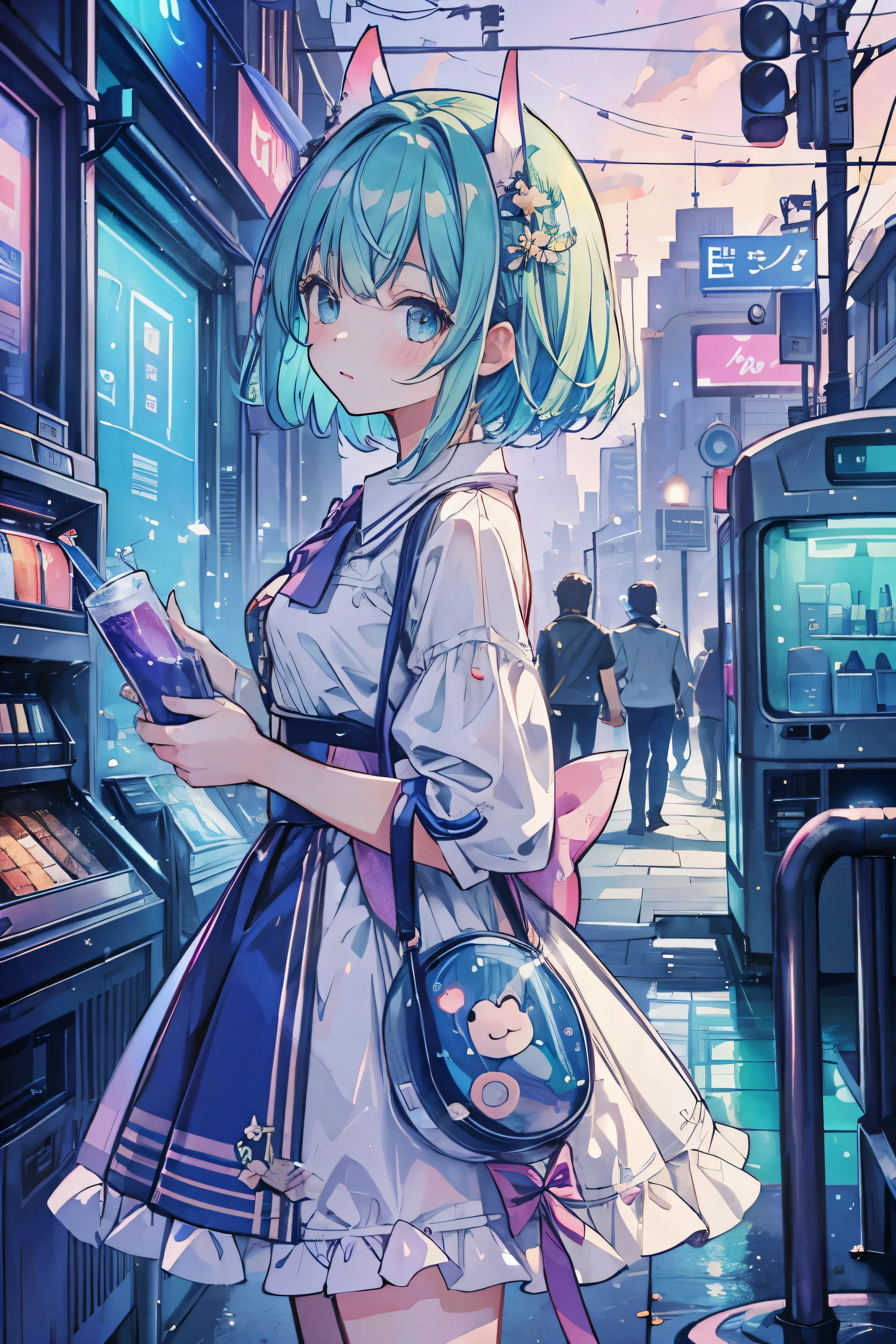 ((best quality, masterpiece, ridiculous, super resolution)) photo of beautiful jpn-gyaru, alone, green,purple,blue hair,short hair, standing on a playground, from a distance, from the side, Smooth, beautiful anime eyes with luster reflection, beautiful, money, coin, drinks, bottled water, Canned soda, (marble soda:1), Vending machine in the background