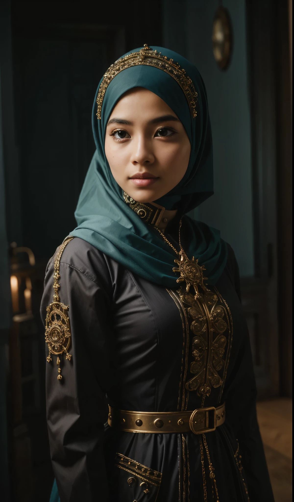 Craft a photorealistic scene of a Malay girl in hijab as an intrepid explorer in a steampunk world. Showcase intricate gears, Victorian-inspired fashion, and a sense of adventure in this alternate reality, 8mm lens, Extreme close-up, pastel color grading, depth of field cinematography effect, film noir genre, 8k resolution, high quality, ultra detail,