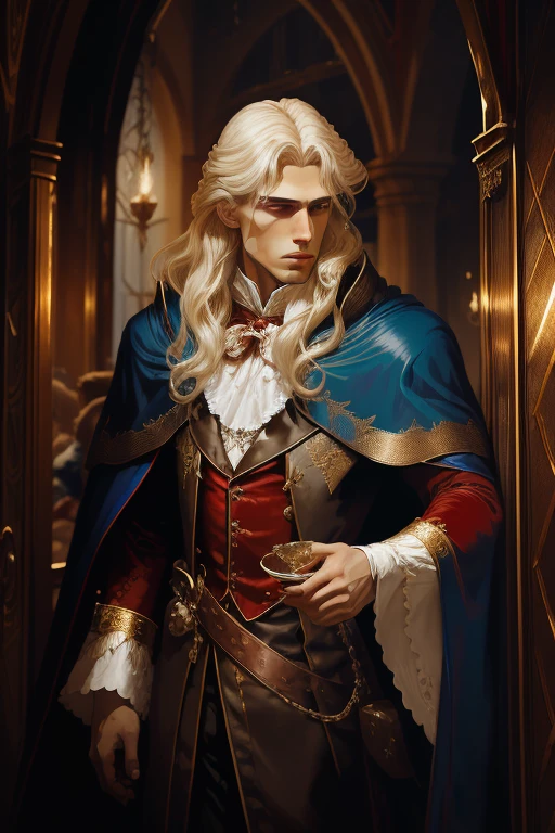 realista, Full HD, 4k, Vampire Marius from the book the vampire chronicles, has white blonde hair that rises to her shoulders and splits into small shiny curls, with iridescent blue eyes with golden eyelashes. He is quite tall and splendid, de se olhar. Na maioria das vezes, He is seen wearing rich red velvet coats, He's also an old man, com um ar sobrenatural 