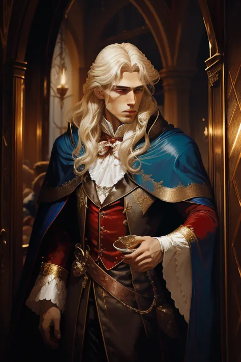 realista, Full HD, 4k, Vampire Marius from the book the vampire chronicles, has white blonde hair that rises to her shoulders an...