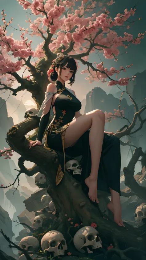 1girl,solo,full body,many skulls,branch,outdoors,china dress,night,a huge tree,sitting under a tree,, masterpiece,best quality,u...