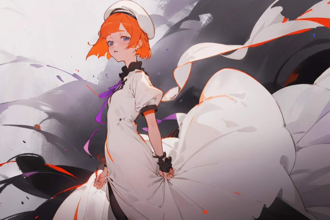 1 girl，white beret，orange hair，short head hair，white clothes，blue eyes，，purple ribbon，black tights,Long dress