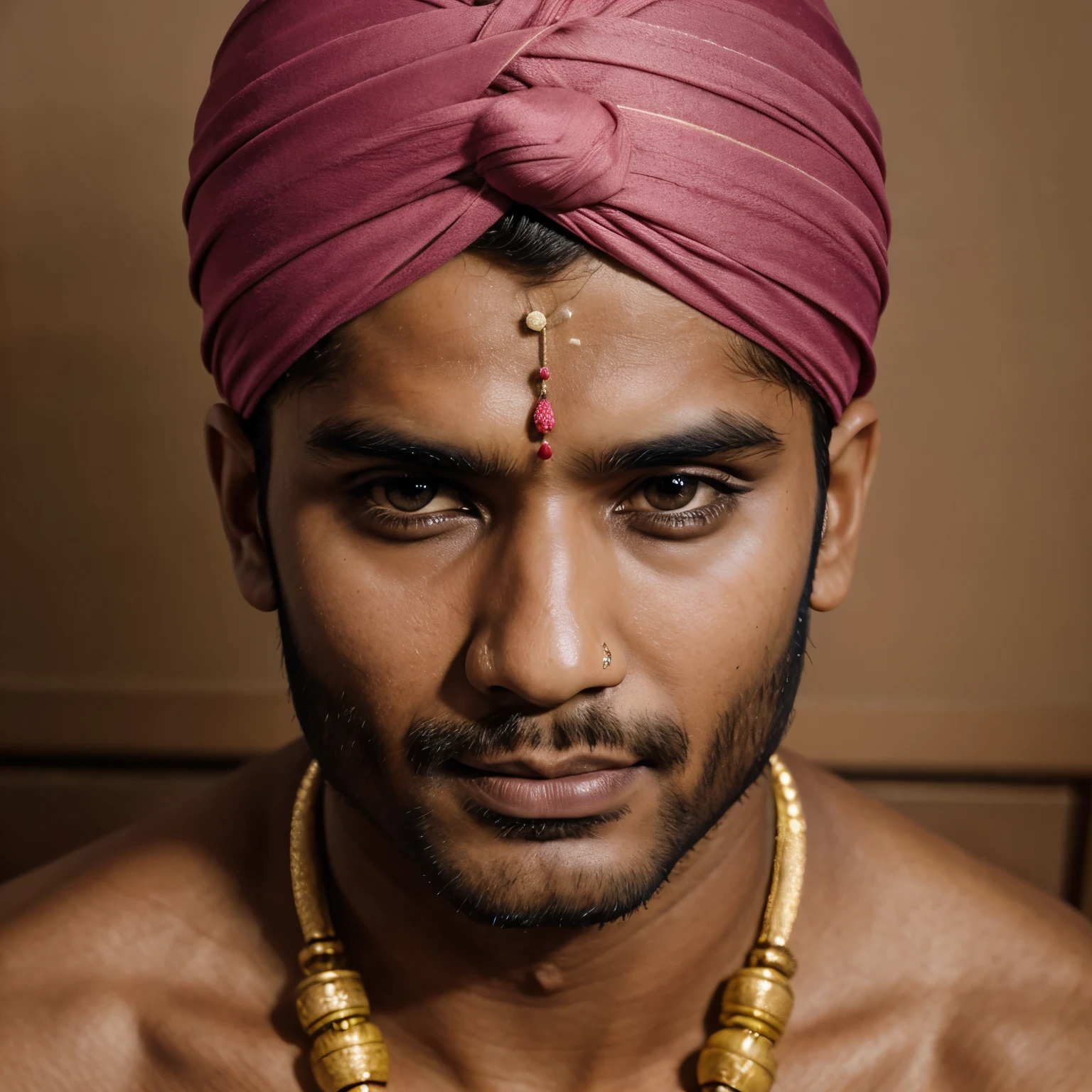 hübscher indischer Mann, Turban, mit nacktem Oberkörper, Provokanter Ausdruck, hochauflösend