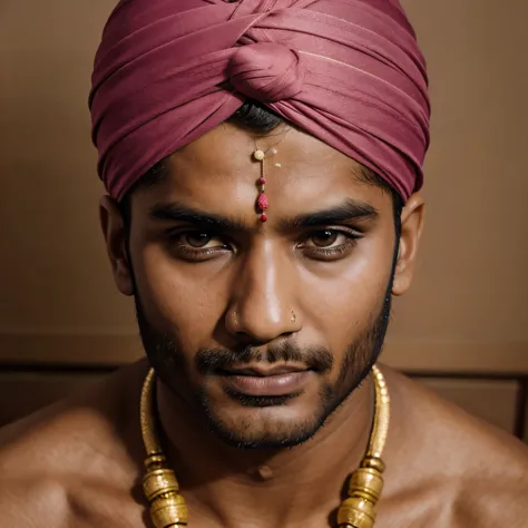 Handsome Indian man, turban, shirtless, provocative expression, high definition
