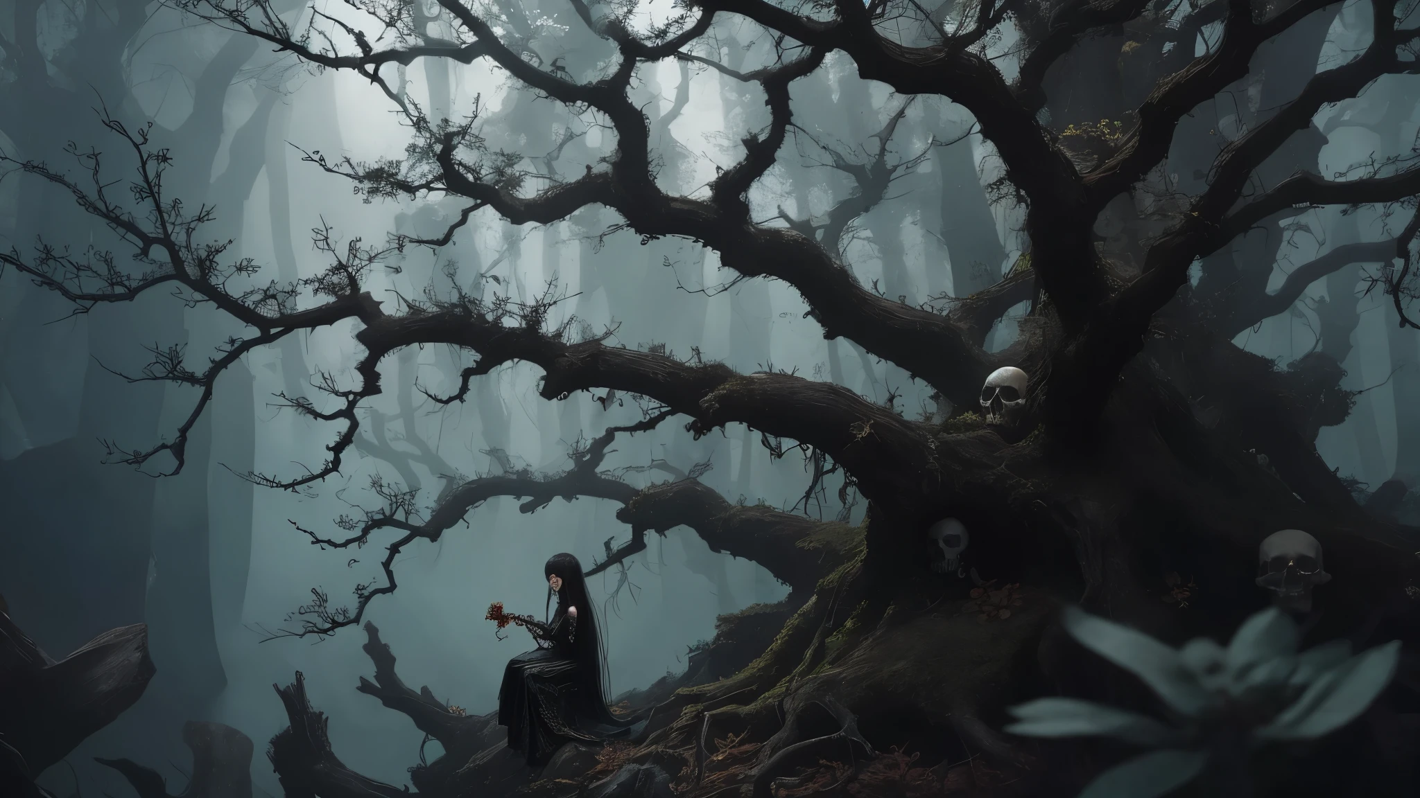 1girl,solo,full body,many skulls,tree,branch,china dress,zhongfenghua,black_theme,spider legs,terror theme,spizzy,forest,a huge tree,sitting under a tree,, masterpiece,best quality,ultra-detailed,