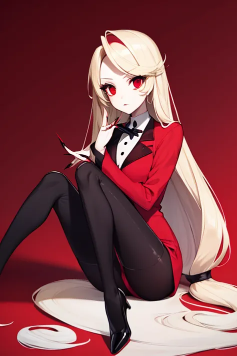 beautiful girl in a red suit, red eyes, black lips, black sharp nails, long legs with black shoes, long blond hair